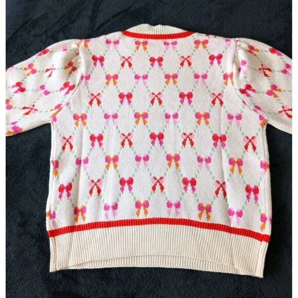 NWT Bow Print Coquette Artsy Cream Sweater Colorful Preppy - Picture 15 of 15